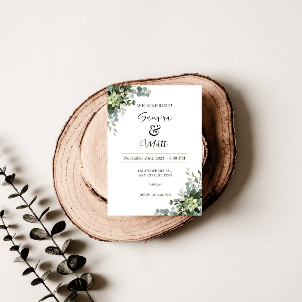 A wedding invitation with green floral accents placed on stacked wooden slices, accompanied by a sprig of greenery on a cream background. Featuring chic wedding trends, the invite reads We Married! Samira & Matt with event details below.