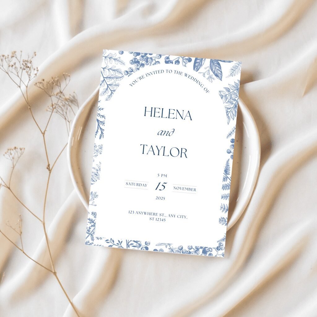 A wedding invitation card with blue floral borders, a touch reflecting the latest wedding trends, is placed on a white plate over soft fabric. The card reads You’re invited to the wedding of Helena and Taylor, with the date 15 November 2023. Dried flowers nearby.