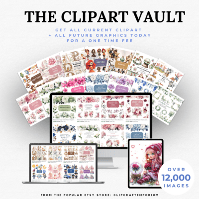 The Clipart Vault - the image is a mockup of the product available for purchase. Showing many of the clipart packs included in this all acess pass.