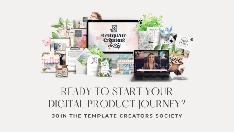 A collage of digital product templates, stationery, a laptop with a woman on a video call, and whimsical animal illustrations, with the text: Ready to start your business journey? Join Jessa Bellman's Digital Products Membership today.
