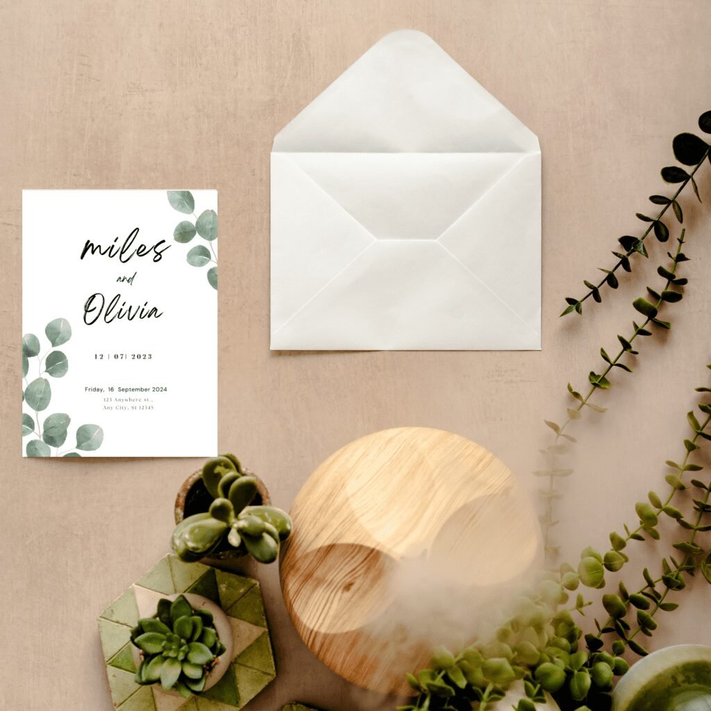 A wedding invitation card with green leaf designs sits beside a white envelope on a beige surface, surrounded by potted succulents and foliage, showcasing natural elegance inspired by the latest wedding trends.