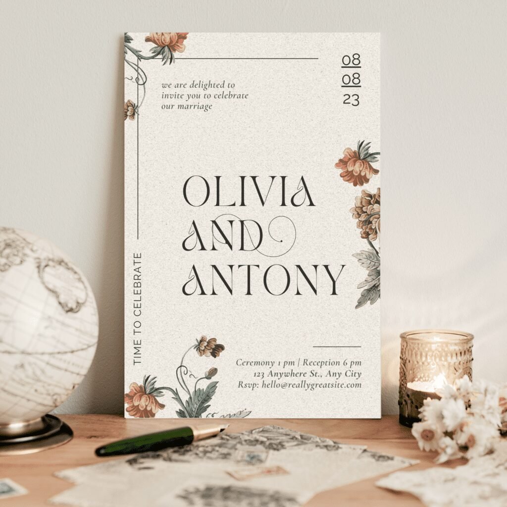 A wedding invitation card with floral designs and elegant wedding clipart reads: We are delighted to invite you to celebrate our marriage—Olivia and Antony, 08.08.23. Ceremony and reception details are listed below. The card rests on a wooden desk.
