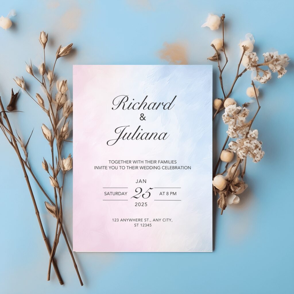 A wedding invitation card for Richard and Juliana is placed on a light blue surface, surrounded by dried flowers and branches. The design reflects popular clipart trends in the wedding niche, with elegant details for their 25 January 2025 celebration.