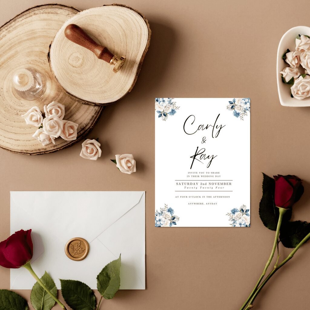 Flat lay of a wedding invitation with blue floral corners, surrounded by a white envelope with a wax seal, pink artificial roses, wedding clipart accents, and two red roses on a beige background—perfect for exploring modern wedding trends.