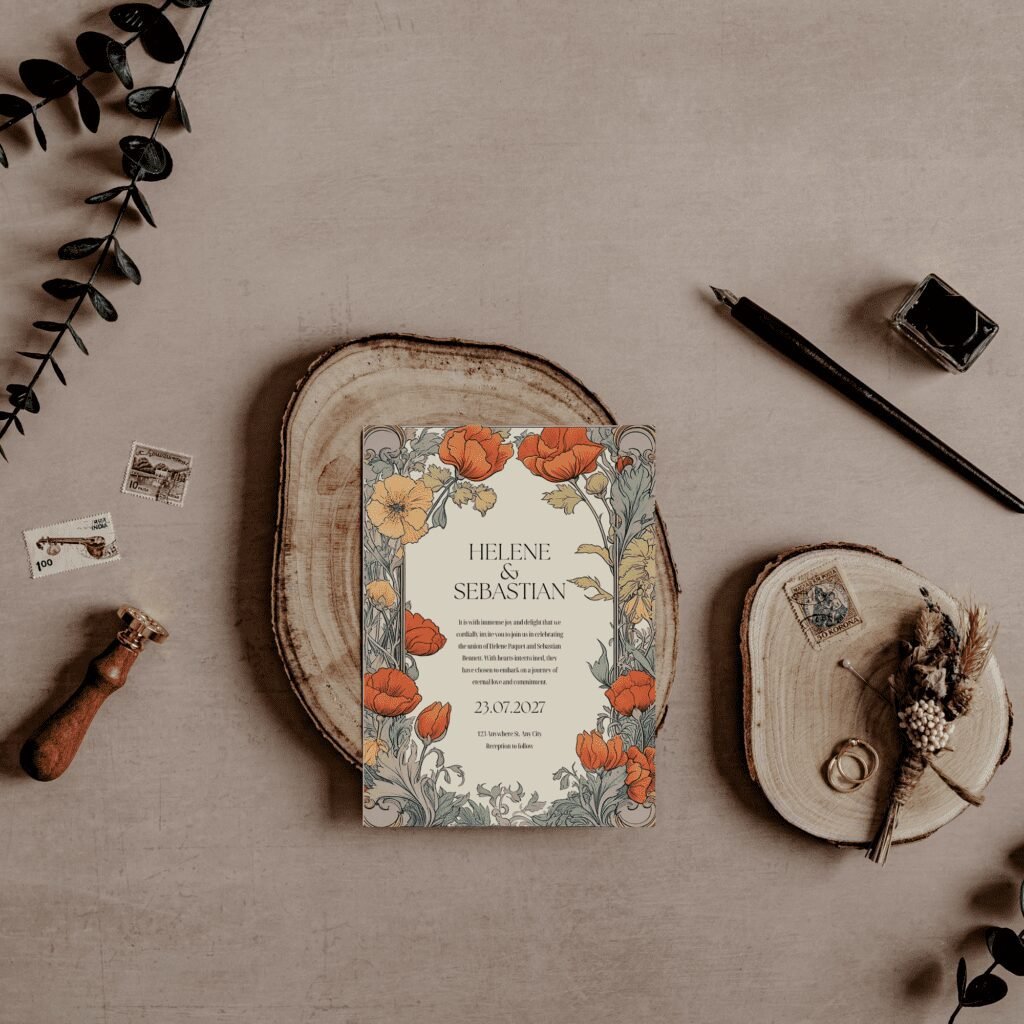 A floral wedding invitation rests on a wooden slab, surrounded by a black pen, vintage stamps, a wax seal stamp, and glass ink bottle—perfect inspiration for those seeking wedding trends or dreaming up their own wedding clipart.