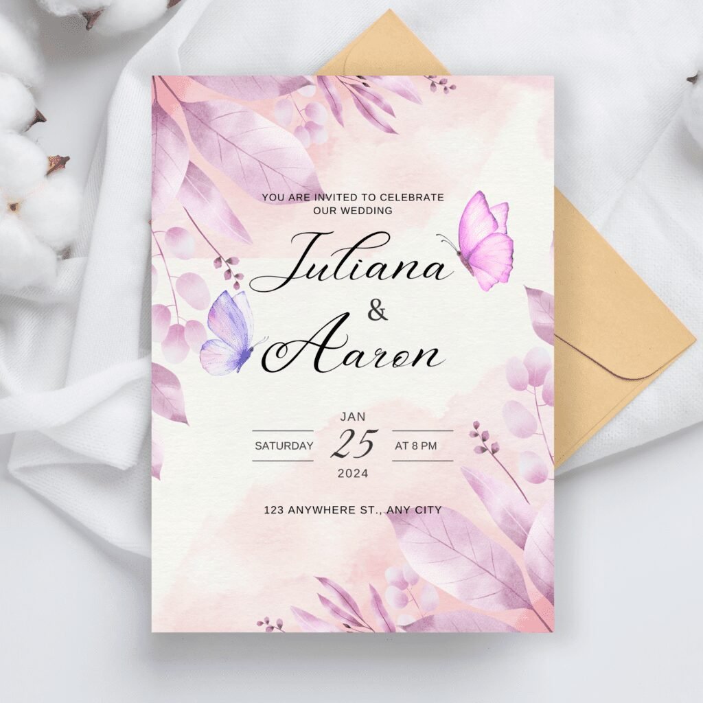 A wedding invitation card with pink and purple watercolour leaves and butterflies, featuring popular wedding clipart trends. The names Juliana & Aaron and event details for 25 January 2024 are displayed on a white cloth with an envelope.