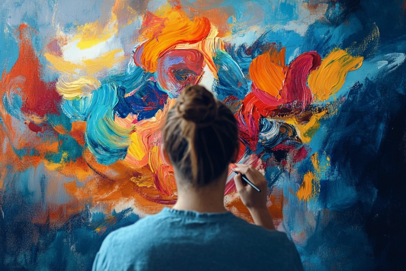 A person with brown hair in a bun, wearing a blue shirt, is painting a large canvas filled with vibrant abstract swirls of orange, blue, yellow, and red—perfect inspiration for Midjourney art prompts. The person is seen from behind.