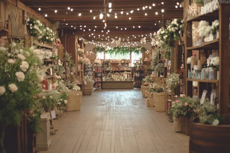A cosy, rustic shop interior with wooden floors and shelves lined with flowers, plants, and various gifts. Fairy lights hang overhead, creating a warm atmosphere inspired by the latest wedding trends and perfect for finding unique décor.