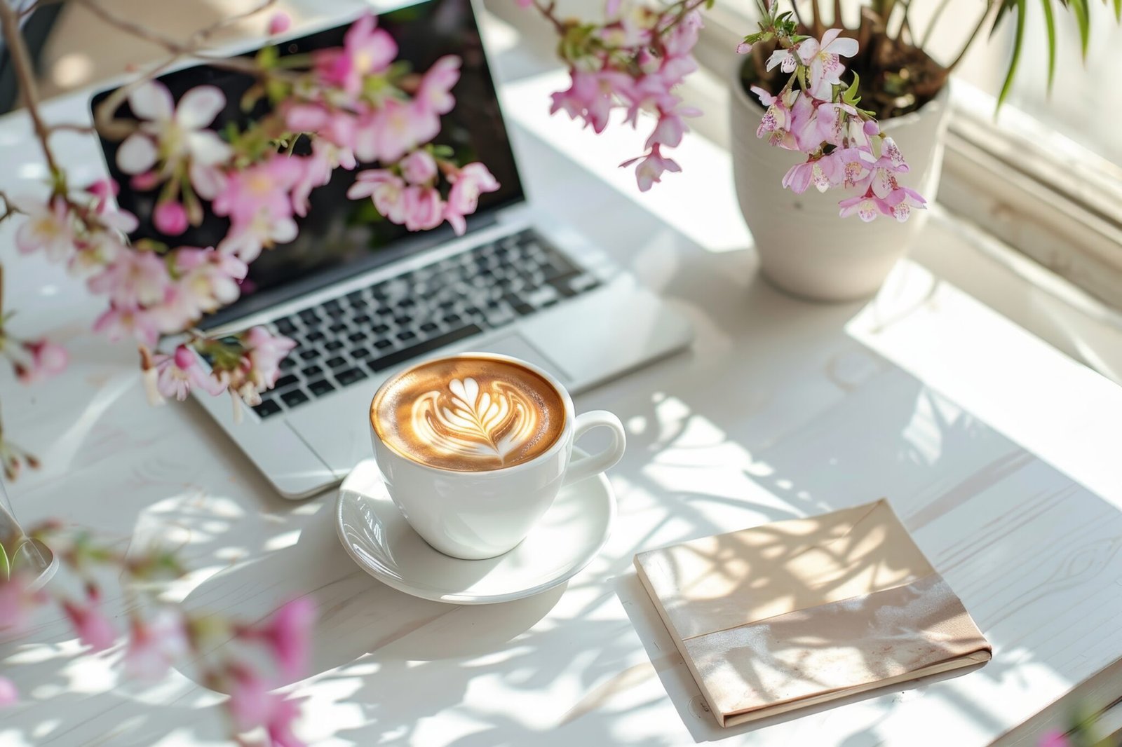 A cup of coffee with latte art sits on a white table next to a closed laptop, a folded serviette, and a potted pink flower, with sunlight streaming through a window.