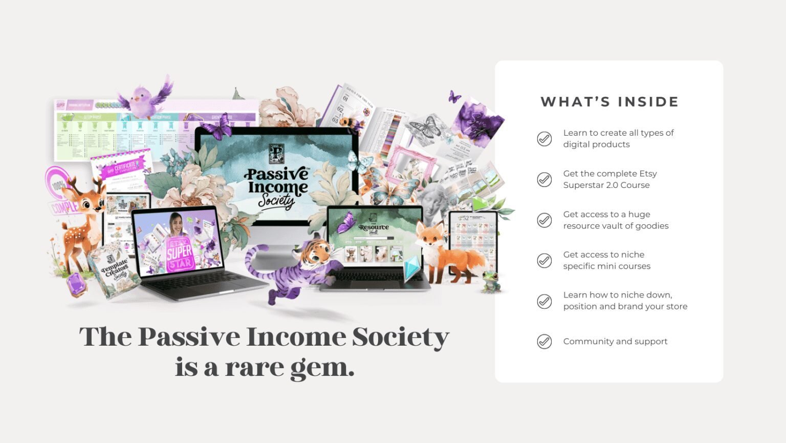 A collection of digital devices display “The Passive Income Society” course materials—packed with Etsy Tips and growth strategies—surrounded by colourful, illustrated animals and graphics. At right, a checklist outlines course features and benefits.