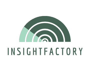 Logo for INSIGHTFACTORY, perfect for Etsy digital products, features a stylised dark green semi-circle with segmented arcs resembling radar or data visualisation above the bold, uppercase company name. Ideal for your next listing.