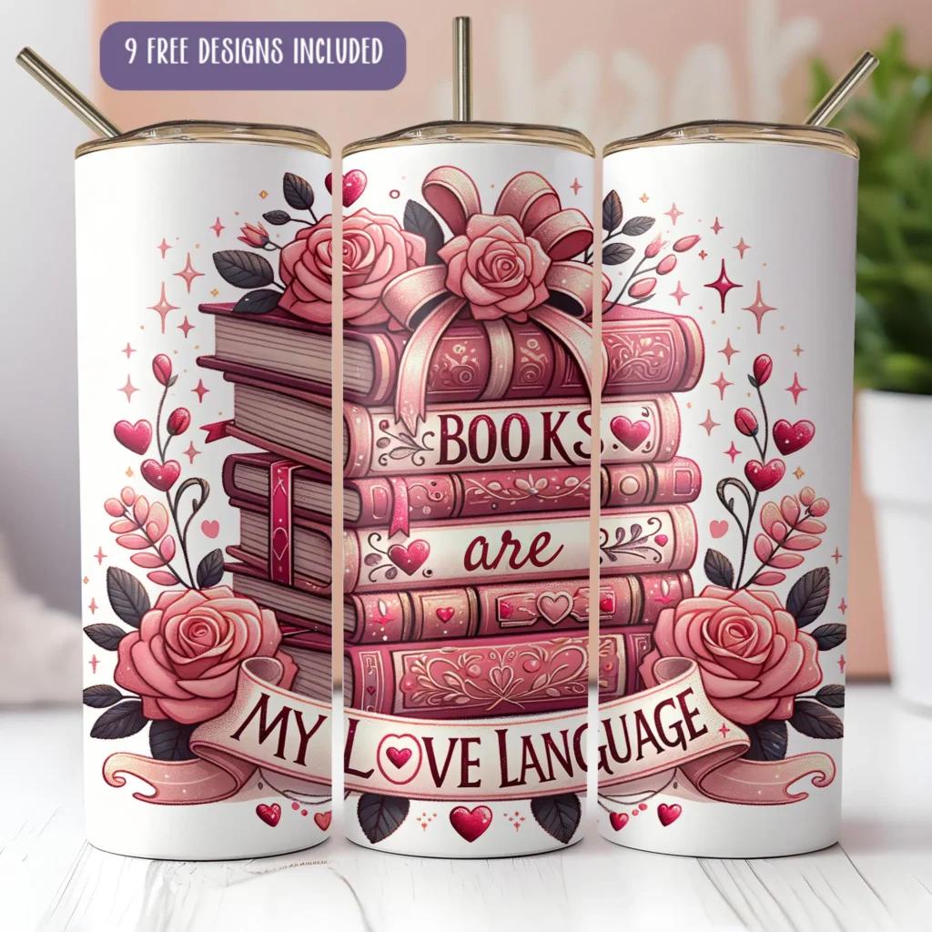 Ornate and romantic digital product: three tall tumblers decorated with stacked pink books, roses, hearts, and a banner reading Books are my love language. Perfect for your next Etsy listing!.