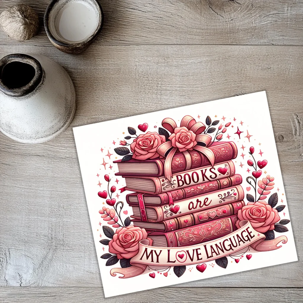 A decorative card on a wooden table features a stack of books with pink roses, hearts, and a ribbon that reads “Books are my love language.” Perfect for Etsy lovers, this charming piece sits beside two ceramic items.
