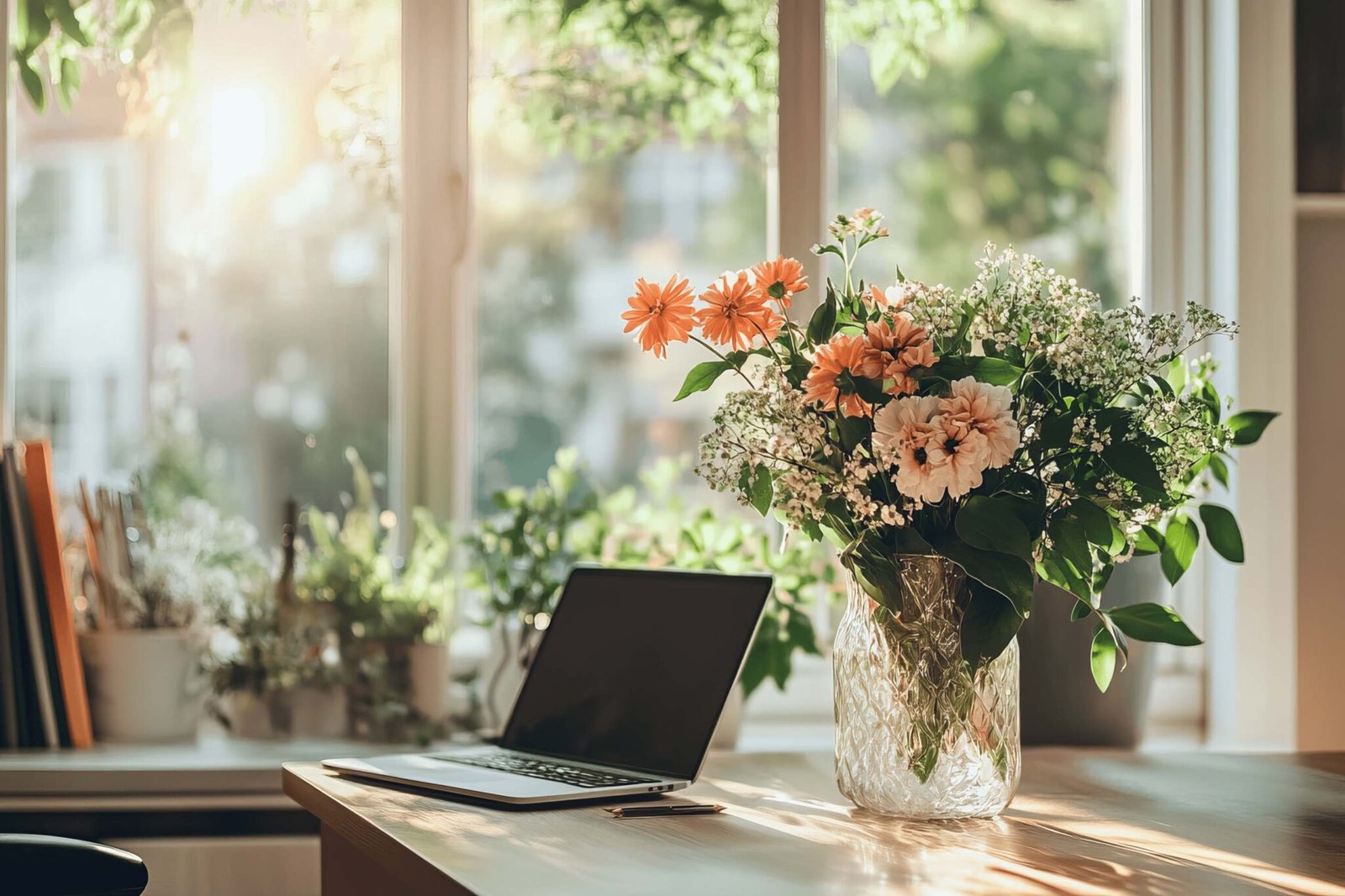 A laptop sits on a wooden desk beside a vase of orange and white flowers, with sunlight streaming through a window—creating the perfect space to brainstorm Etsy Shop Branding or shape your Unique Identity among potted plants in the background.
