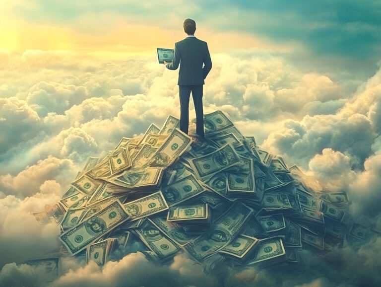 A man in a suit stands atop a pile of dollar notes above the clouds, holding a laptop and gazing at the sunrise, symbolising financial success through make money online methods like Pinterest monetisation.