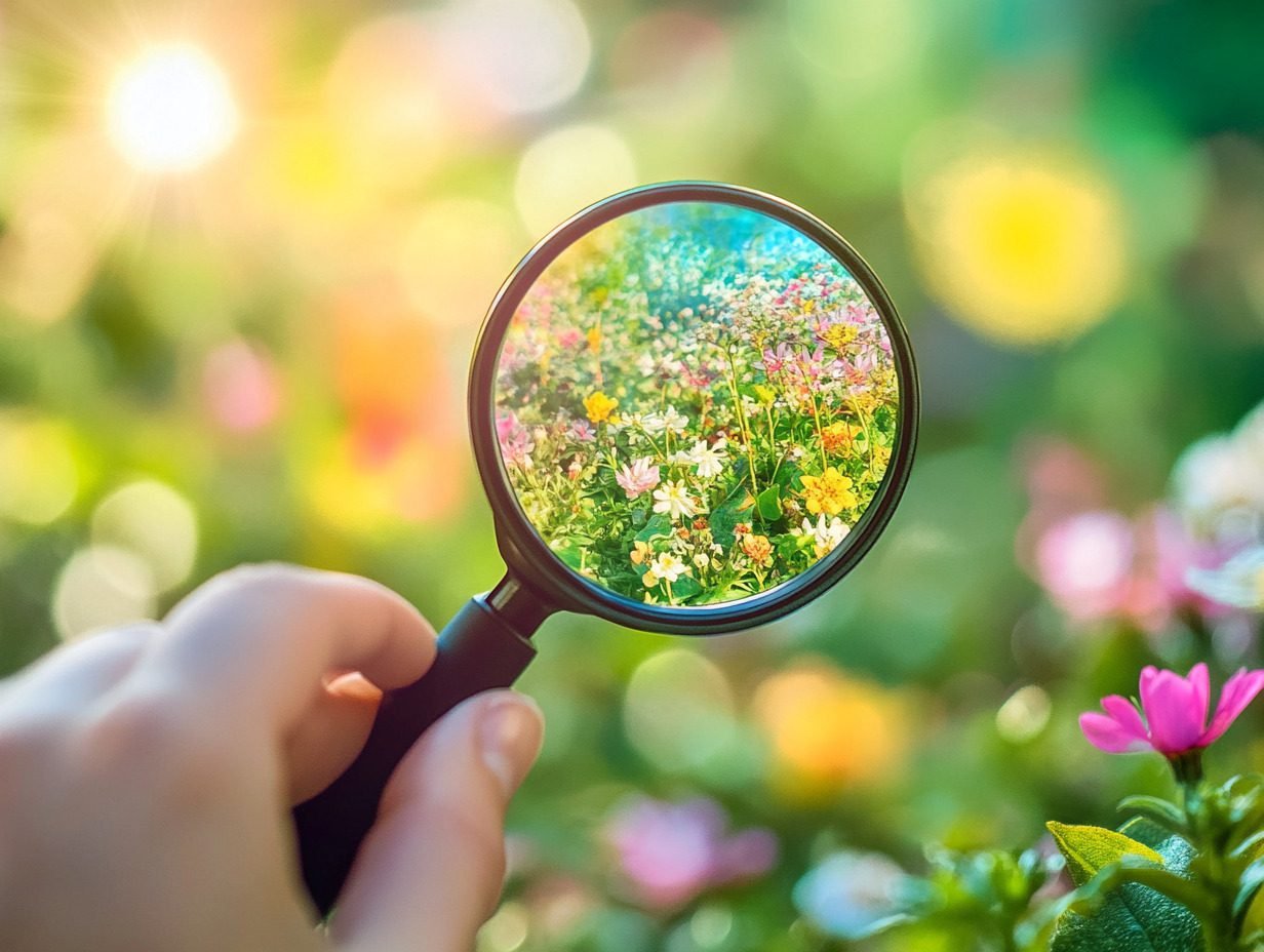 A hand holds a magnifying glass over a vibrant garden, making colourful flowers appear larger and more detailed—much like how an SEO Etsy Tool highlights and enhances your shop’s best features. Sunlight filters through, creating a warm and cheerful atmosphere.
