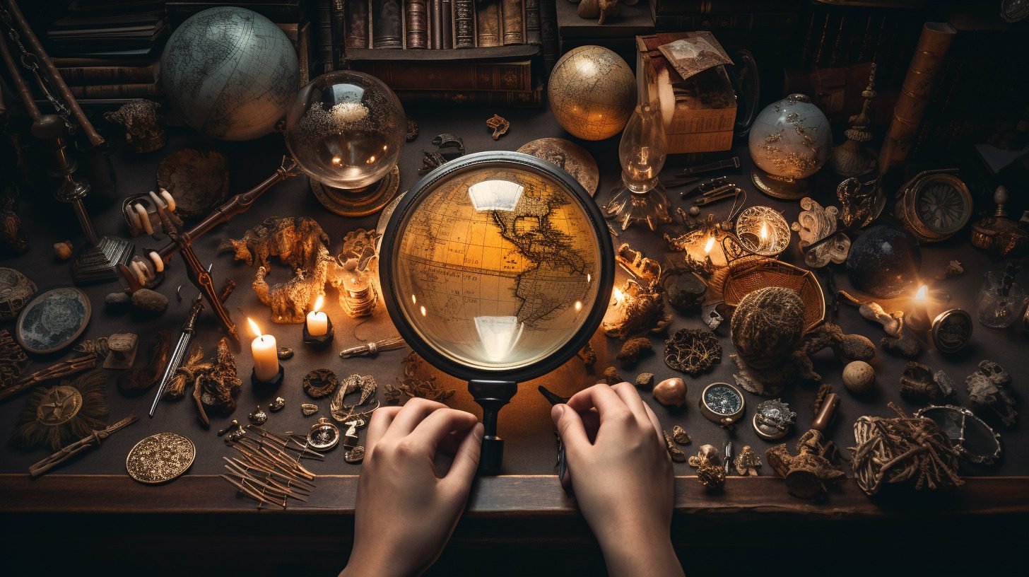 A person holds a magnifying glass over an antique globe on a desk crowded with maps, fossils, coins, candles, and old scientific instruments in a warmly lit, vintage study—perfect inspiration for Etsy tags or Etsy SEO strategies.