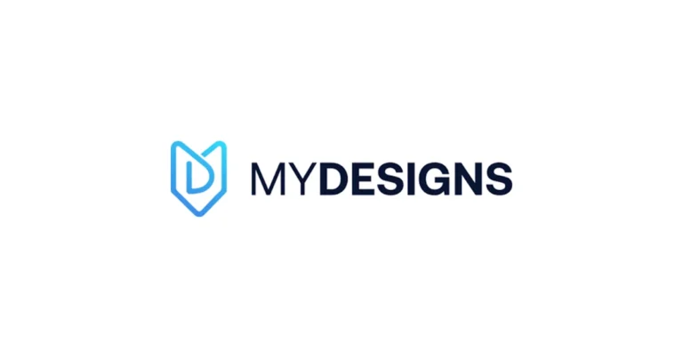 Logo for MYDESIGNS featuring a blue stylised M and D combined in a shield-like icon to the left of the bold black and blue text MYDESIGNS, representing innovation in AI Art Generator technology on a white background.