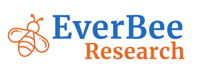 Logo with an orange outlined bee illustration on the left and the words “EverBee Research” to the right, with “EverBee” in blue and “Research” in orange, all on a white background—perfect for an Etsy keyword tool like Everbee.