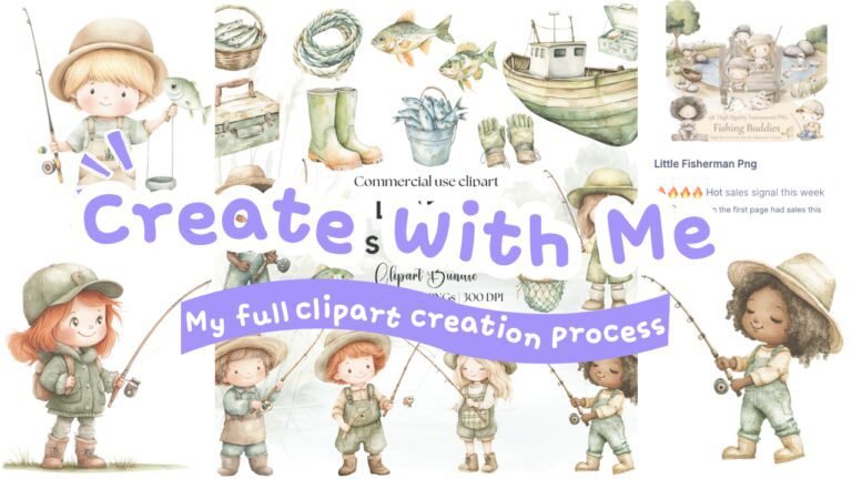 A collage of trending clipart features children dressed as fishermen, fish, fishing gear, and boats. Text reads “Create With Me: My full clipart creation process.” Includes digital shop previews, star ratings, and tips to sell on Etsy.